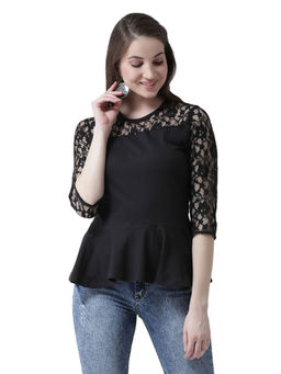 KASSUALLY - Black Net Sleeve Peplum Top