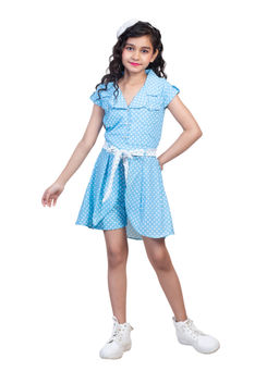 Nottie Planet - Girls Blue Polka Dot Collar Neck Front Pocket Frock with Belt (Set of 2)