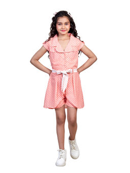 Nottie Planet - Girls Peach Polka Dot Collar Neck Front Pocket Frock with Belt (Set of 2)