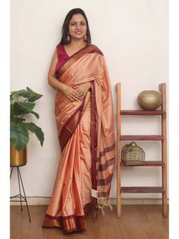 A S CREATION - Women Cotton Silk Peach Woven Handloom Saree with Unstitched Blouse