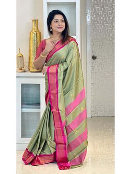 A S CREATION - Women Cotton Silk Sage Green Woven Handloom Saree with Unstitched Blouse