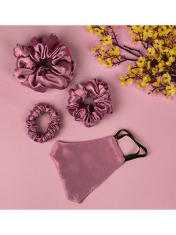 Arendelle - Pack of 3 Wine Satin Scrunchies in Skinny, Medium and Large Size with Matching Mask