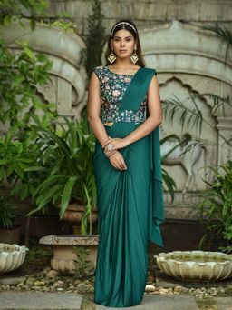Odette - Teal Lycra Designer Saree with Unstitched Blouse