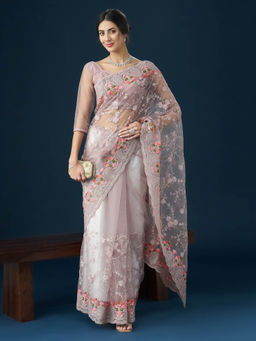 Kasee - Women Grey Embroidered Saree with Unstitched Blouse
