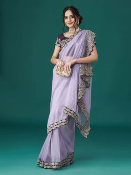 Kasee - Women Lavender Embroidered Saree with Unstitched Blouse