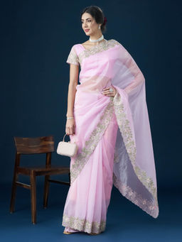 Kasee - Women Pink Embroidered Saree with Unstitched Blouse