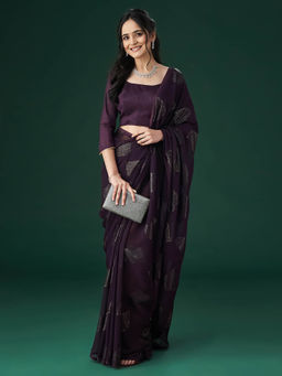 Kasee - Women Wine Embellished Saree with Unstitched Blouse