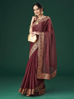 Kasee - Women Brown Zari Embroidered Saree with Unstitched Blouse