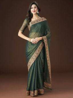 Kasee - Women Green Zari Embroidered Saree with Unstitched Blouse