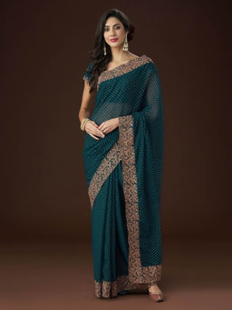 Kasee - Women Blue Embroidered Saree with Unstitched Blouse