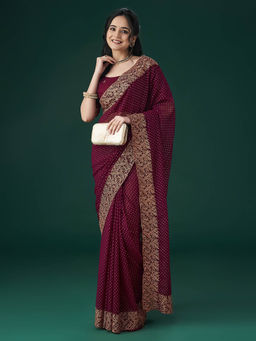 Kasee - Women Wine Embroidered Saree with Unstitched Blouse