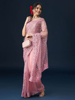 Kasee - Women Pink Embroidered Saree with Unstitched Blouse