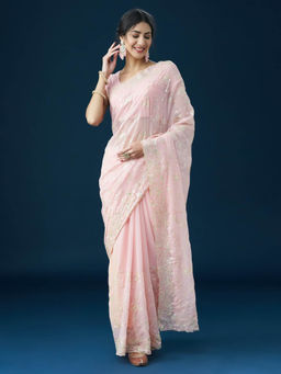 Kasee - Women Pink Embellished Sequinned Saree with Unstitched Blouse