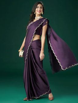 Kasee - Women Wine Embellished Saree with Unstitched Blouse