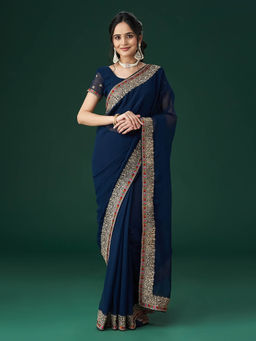 Kasee - Women Blue Embroidered Saree with Unstitched Blouse