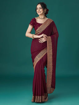 Kasee - Women Maroon Embroidered Saree with Unstitched Blouse