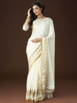 Kasee - Women White Embroidered Saree with Unstitched Blouse