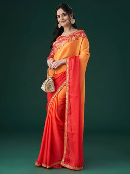 Kasee - Women Orange Embroidered Saree with Unstitched Blouse