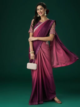 Kasee - Women Wine Embroidered Saree with Unstitched Blouse