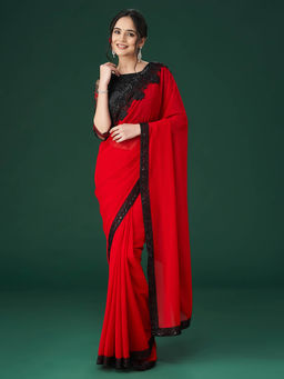 Kasee - Women Red Embroidered Saree with Unstitched Blouse