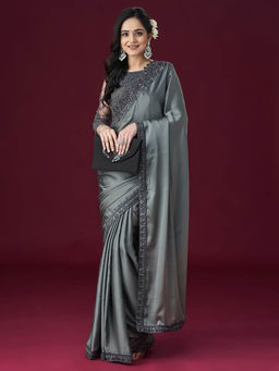 Kasee - Women Grey Embroidered Saree with Unstitched Blouse