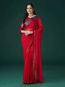 Kasee - Women Red Embroidered Saree with Unstitched Blouse