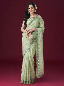 Kasee - Women Green Embellished Sequinned Saree with Unstitched Blouse