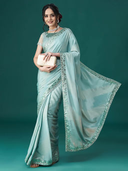 Kasee - Women Blue Embellished Sequinned Saree with Unstitched Blouse