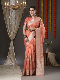 Akhilam - Womens Organza Peach Woven Design Designer Saree with Unstitched Blouse