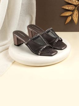 LAZERA SHOES - Black Studded Mesh Block Heel Sandals