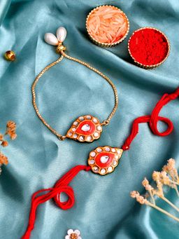 Shoshaa - Magenta Kundan Bhai Rakhi & Bhabhi Lumba Bracelete with Roli Chawal