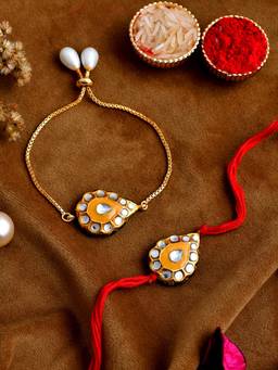 Shoshaa - Yellow Kundan Bhai Rakhi & Bhabhi Lumba Bracelete with Roli Chawal