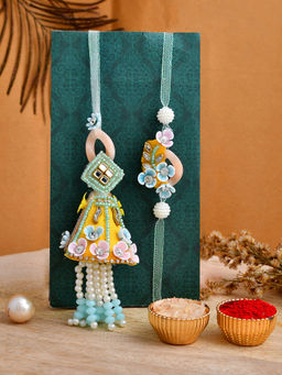 Shoshaa - Unique Kundan Blue Bhai Rakhi & Bhabhi Lumba with Roli Chawal