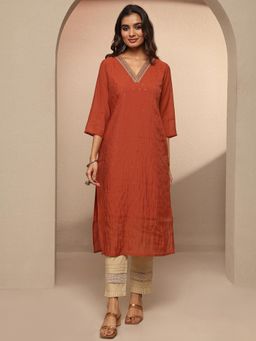 Libas - Embellished Chanderi Cotton Straight Kurta for Women - Rust