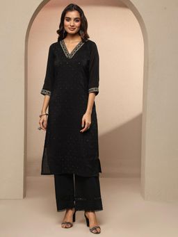 Libas - Embellished Chanderi Cotton Straight Kurta for Women - Black