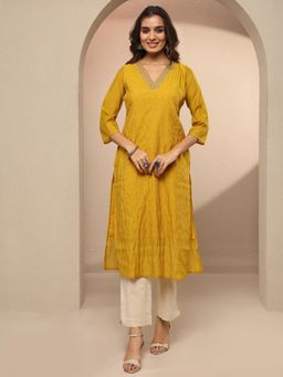 Libas - Embellished Chanderi Cotton Straight Kurta for Women - Mustard