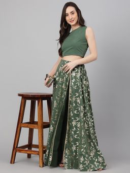 Janasya - Olive Green Crepe Solid Lehenga Choli With Pant