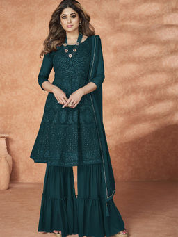 Odette - Teal Georgette Embroidered Pakistani Semi Stitched Dress Material (Set of 3)