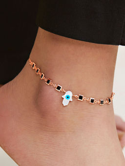 MINUTIAE - Gold-Plated Crystal Studded Hamsa Charm Anklet (M)