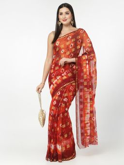 KISHORI - Women Chiffon Bandhani and Zari Weaving Saree with Unstitched Blouse - Red