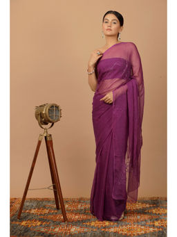 Geroo Jaipur - Purple Hand Embroidered Mukaish Chiffon Saree