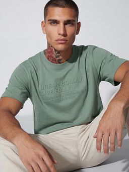 max - Urb_N Green Men Oversized Embossed Typography T-Shirt