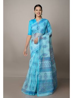 Unnati Silks - Sky Blue Pure Block Printed Kota Cotton Saree with Unstitched Blouse