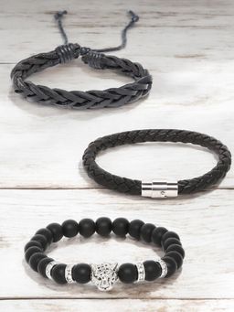 OOMPH - Combo Of 3 Black Bracelet for Men - Beads and Leather - Biker Look