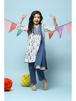 Biba - Girls Off White Printed Cotton Gathered Kurta (Set of 3)