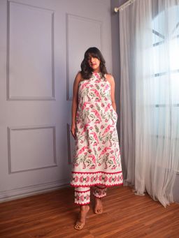 WHY SO BLUE - Anya White Printed Cotton Anarkali Kurta with Pant (Set of 2)