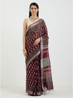 AUJJESSA - Cotton Linen Plum Handcrafted Saree with Unstitched Blouse