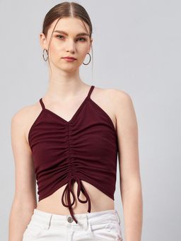 RARE - Women Casual Wine Colour V-Neck Solid Fitted Top