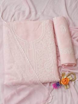 ADA - Lucknowi Chikankari Pink Cotton Unstitched Kurta and Pant with Dupatta