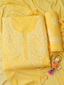 ADA - Lucknowi Chikankari Yellow Cotton Unstitched Kurta and Pant with Dupatta